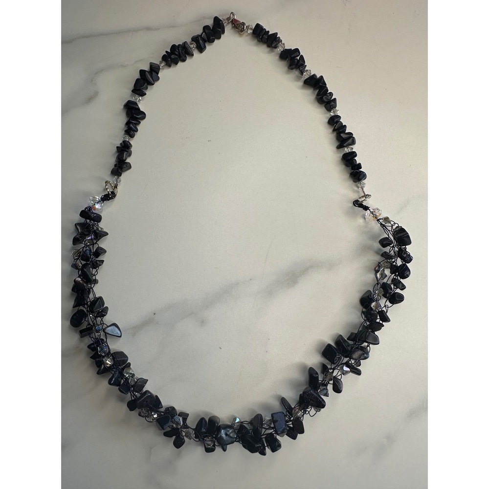 Dark Blue Goldstone Chip and Crystal Cluster Necklace Sterling Silver 925 Clasp